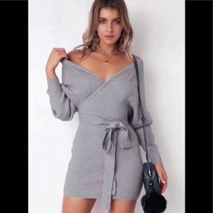 V Neck Wrap Tied Long Sleeve Mini Sweater Dress